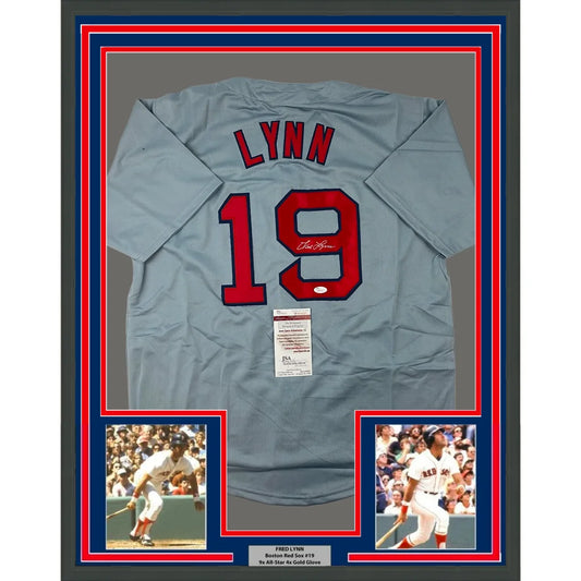 Framed Autographed Fred Lynn 35x39 Boston Grey Baseball Jersey JSA COA | Hall of Fame Sports Memorabilia | vintageantiquesgifts.com