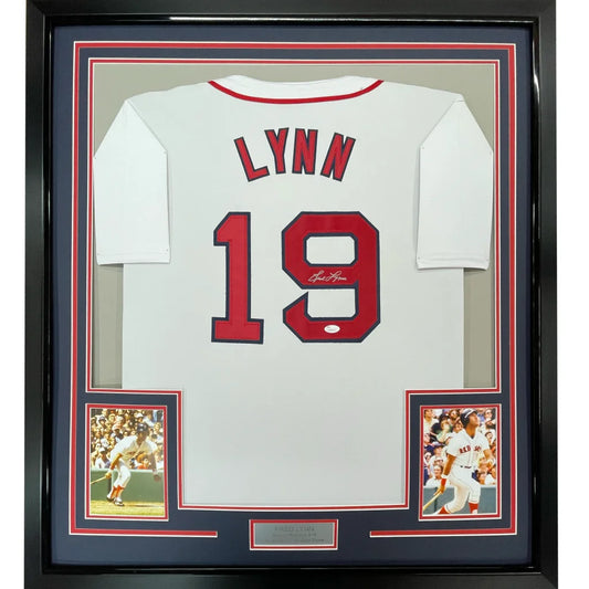 Framed Autographed Fred Lynn 35x39 Boston White Baseball Jersey JSA COA | Hall of Fame Sports Memorabilia | vintageantiquesgifts.com