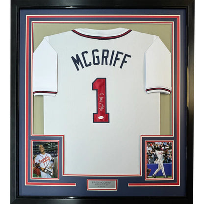 Framed autographed Fred McGriff Atlanta white baseball jersey with JSA COA