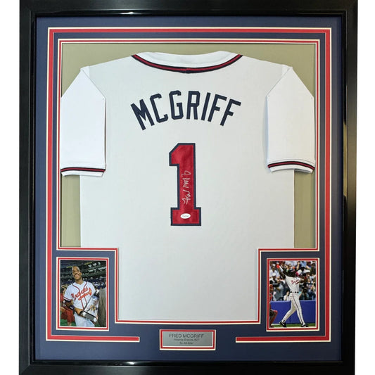 Framed Autographed Fred McGriff 35x39 Atlanta White Baseball Jersey JSA COA | Hall of Fame Sports Memorabilia | vintageantiquesgifts.com