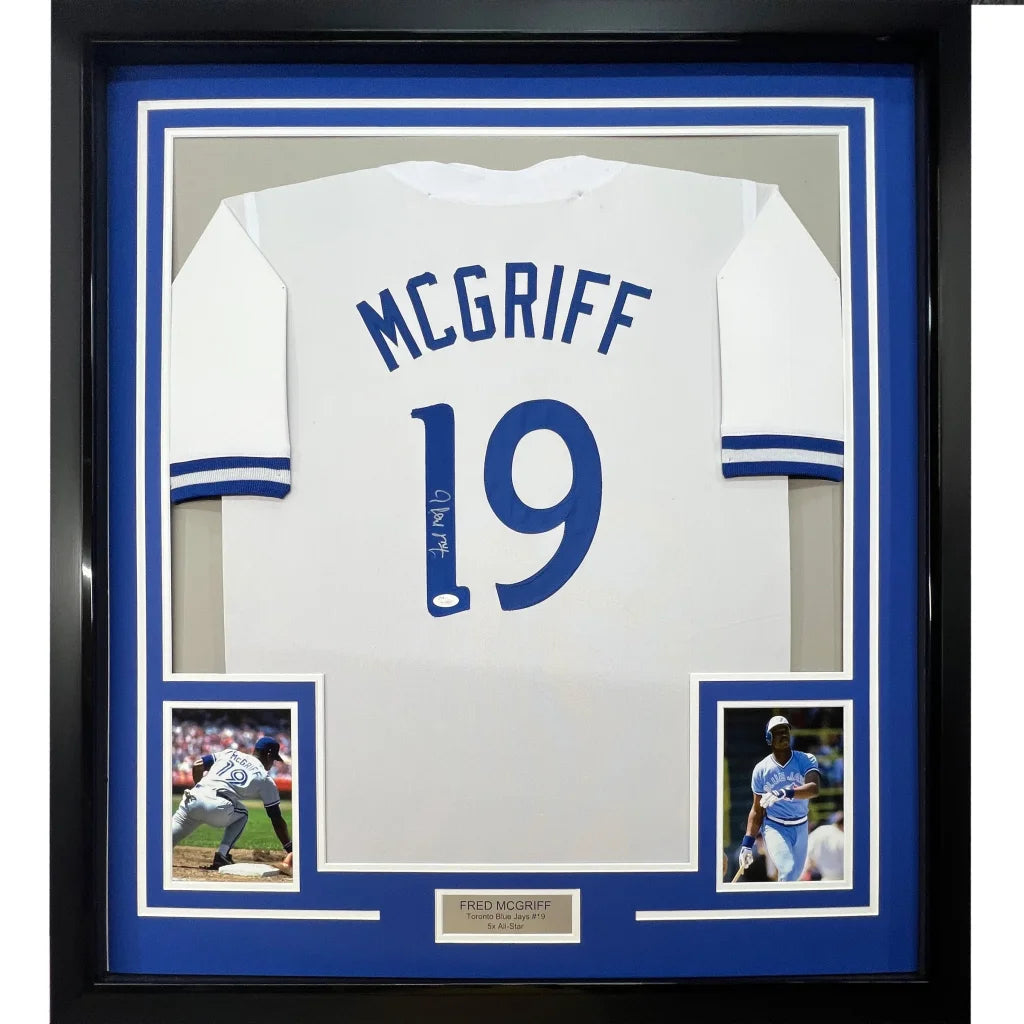Framed Autographed Fred McGriff 35x39 Toronto White Baseball Jersey JSA COA | Hall of Fame Sports Memorabilia | vintageantiquesgifts.com