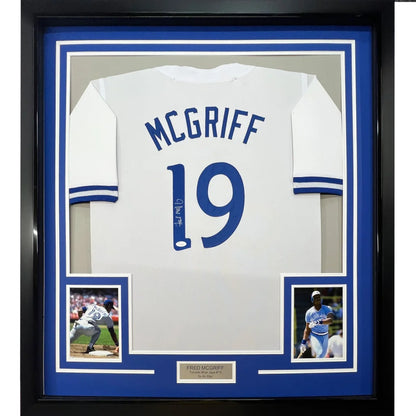 Framed Autographed Fred McGriff 35x39 Toronto White Baseball Jersey JSA COA | Hall of Fame Sports Memorabilia | vintageantiquesgifts.com