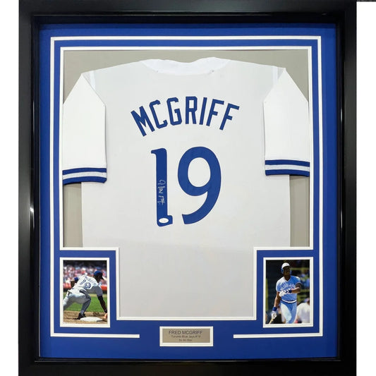 Framed Autographed Fred McGriff 35x39 Toronto White Baseball Jersey JSA COA | Hall of Fame Sports Memorabilia | vintageantiquesgifts.com