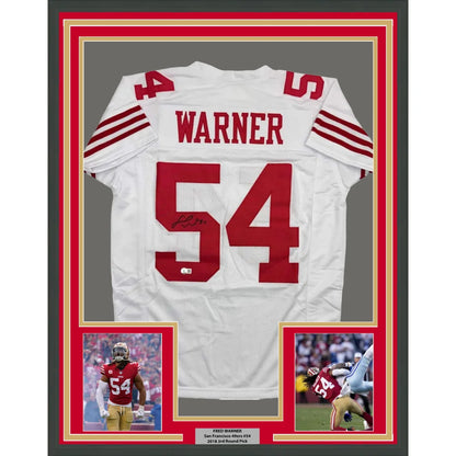 Framed autographed Fred Warner San Francisco 49ers white jersey back, number 54