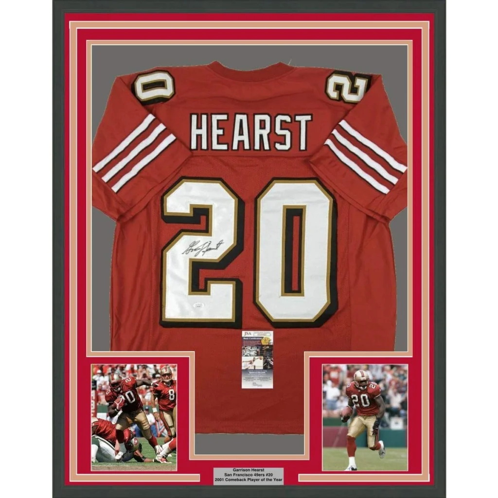 Framed Garrison Hearst 49ers jersey with autographs and player photos for your man cave