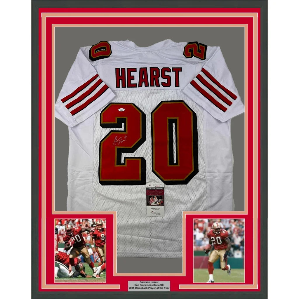 Autographed Garrison Hearst 49ers jersey with player photos and plaque ready to hang