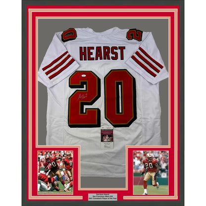 Autographed Garrison Hearst 49ers jersey with player photos and plaque ready to hang