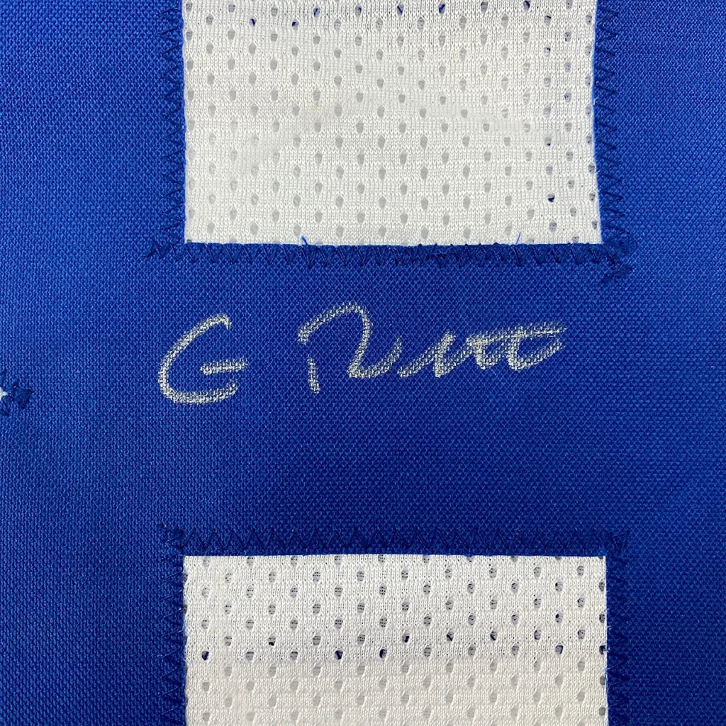 Blue and white athletic football jersey with stitched signature c framed autographed gary brackett 35x39 indiana