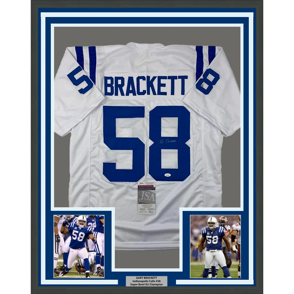 Framed autographed white and blue Indianapolis Colts football jersey number 58 Brackett with JSA COA collectible