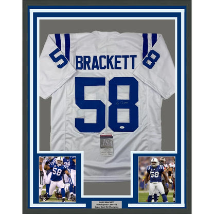 Framed autographed white and blue Indianapolis Colts football jersey number 58 Brackett with JSA COA collectible