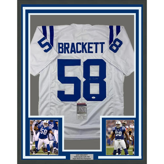 Framed autographed white and blue Indianapolis Colts football jersey number 58 Brackett with JSA COA collectible
