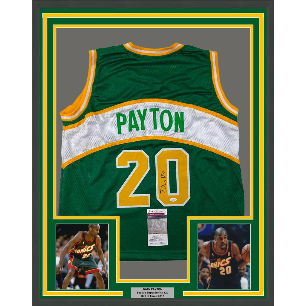 Framed autographed green and yellow seattle supersonics basketball jersey signed by gary payton with number 20