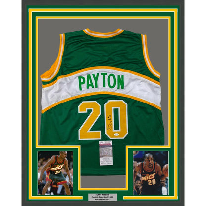 Framed autographed green and yellow seattle supersonics basketball jersey signed by gary payton with number 20
