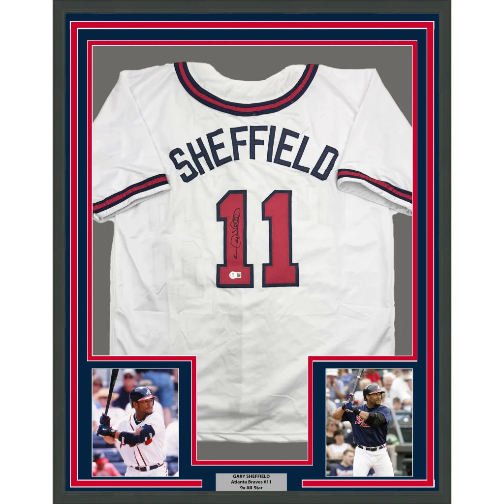 Framed Autographed Gary Sheffield 35x39 Atlanta White Baseball Jersey Beckett BAS COA | Hall of Fame Sports Memorabilia | vintageantiquesgifts.com
