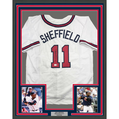 Framed Autographed Gary Sheffield 35x39 Atlanta White Baseball Jersey Beckett BAS COA | Hall of Fame Sports Memorabilia | vintageantiquesgifts.com