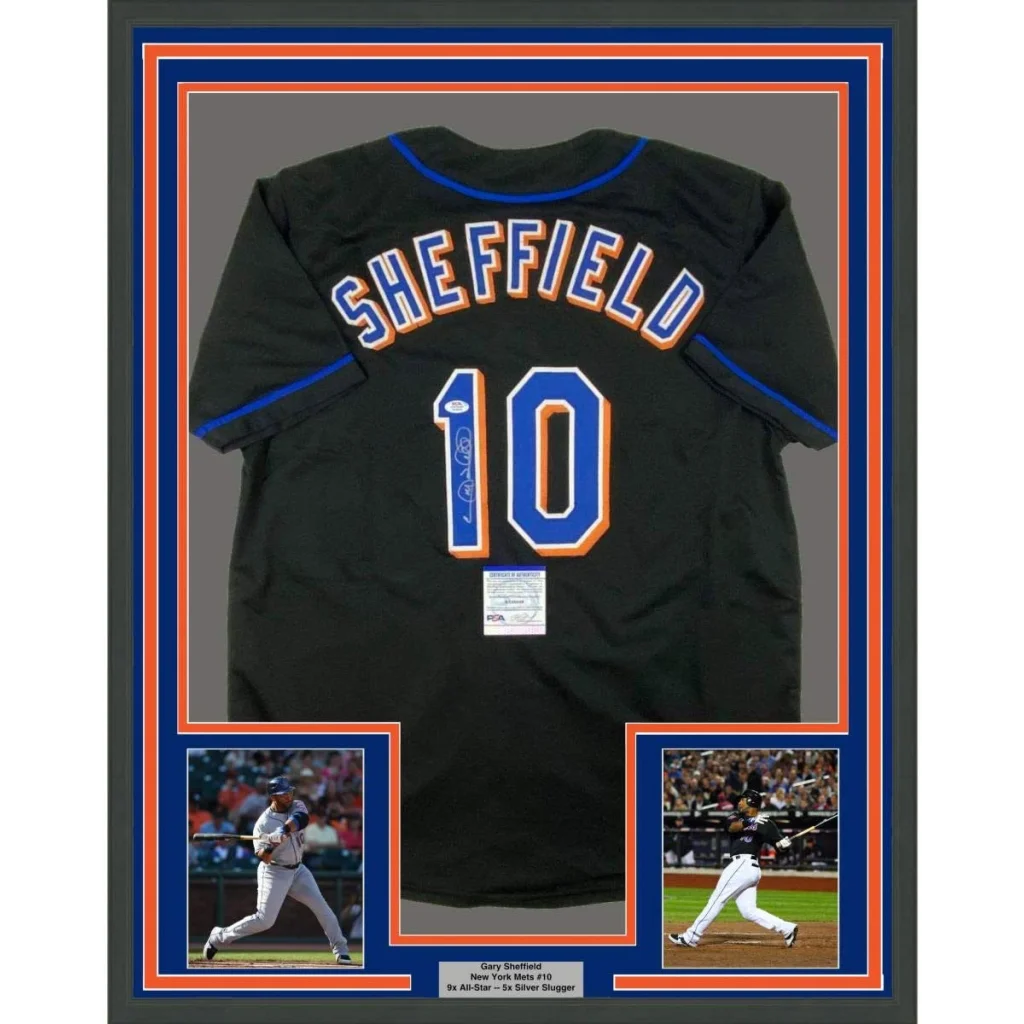 Framed Autographed Gary Sheffield 35x39 New York Black Baseball Jersey PSA/DNA COA | Hall of Fame Sports Memorabilia | vintageantiquesgifts.com