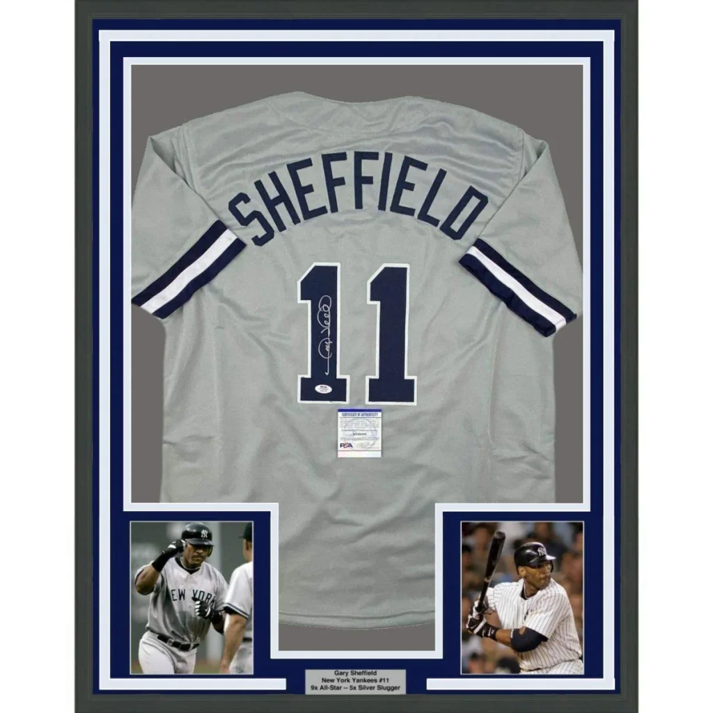 Framed autographed Gary Sheffield gray New York Yankees #11 jersey back, PSA/DNA COA