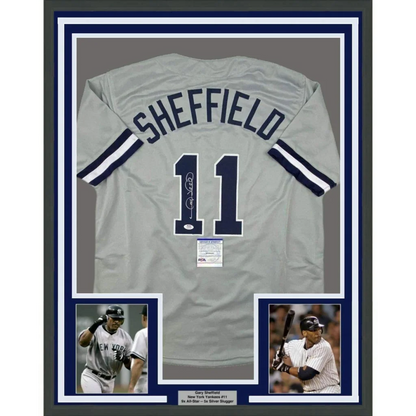 Framed autographed Gary Sheffield gray New York Yankees #11 jersey back, PSA/DNA COA