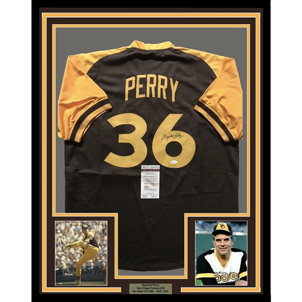 Framed Autographed Gaylord Perry 35x39 San Diego Brown Baseball Jersey JSA COA | Hall of Fame Sports Memorabilia | vintageantiquesgifts.com