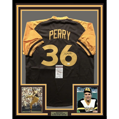 Framed Autographed Gaylord Perry 35x39 San Diego Brown Baseball Jersey JSA COA | Hall of Fame Sports Memorabilia | vintageantiquesgifts.com