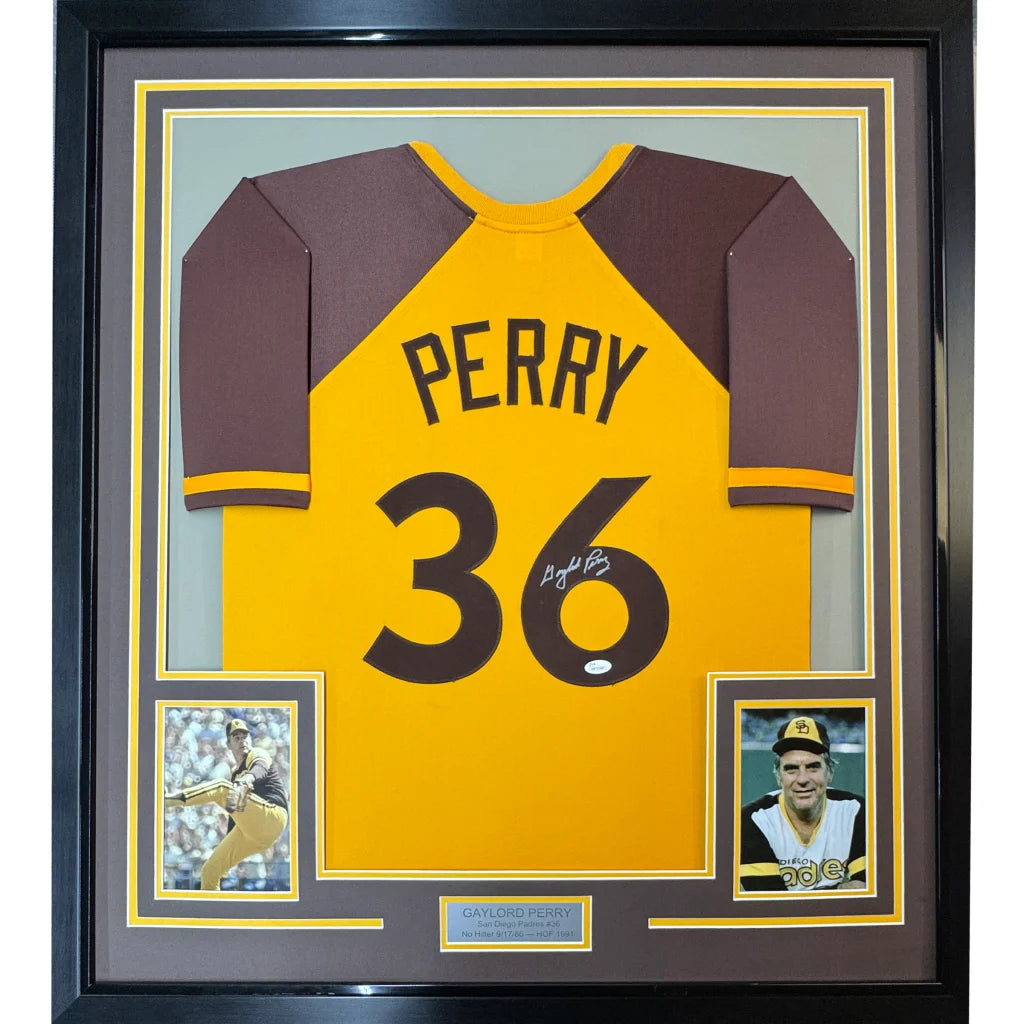 Framed Autographed Gaylord Perry 35x39 San Diego Yellow Baseball Jersey JSA COA | Hall of Fame Sports Memorabilia | vintageantiquesgifts.com