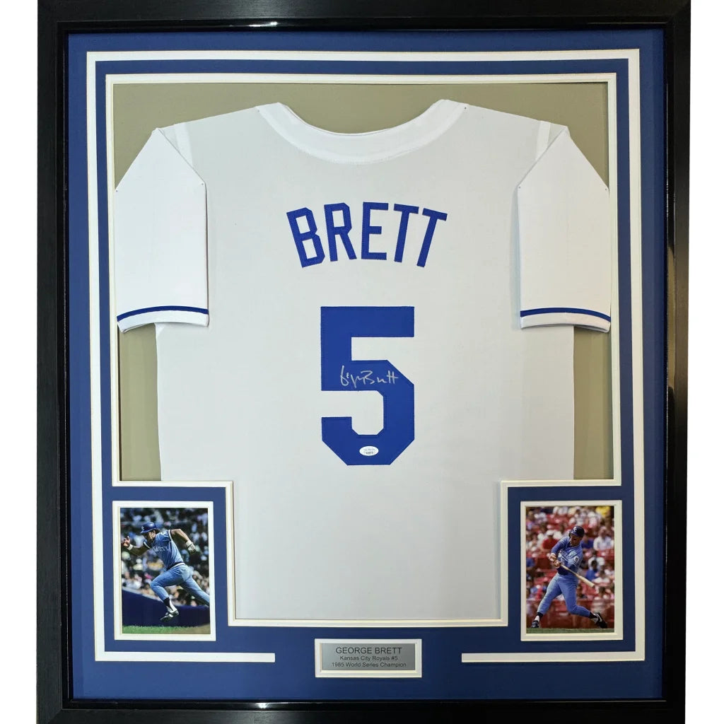 Framed Autographed George Brett 35x39 Kansas City White Baseball Jersey JSA COA | Hall of Fame Sports Memorabilia | vintageantiquesgifts.com
