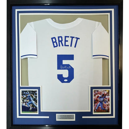 Framed Autographed George Brett 35x39 Kansas City White Baseball Jersey JSA COA | Hall of Fame Sports Memorabilia | vintageantiquesgifts.com