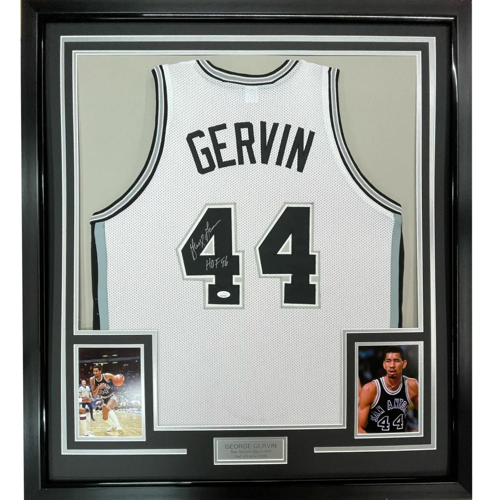 Framed Autographed George Gervin 35x39 HOF 96 San Antonio White Basketball Jersey JSA COA | Hall of Fame Sports Memorabilia | vintageantiquesgifts.com