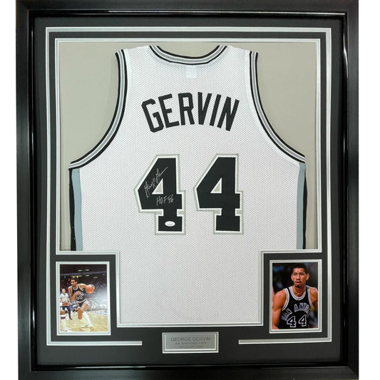 Framed Autographed George Gervin 35x39 HOF 96 San Antonio White Basketball Jersey JSA COA | Hall of Fame Sports Memorabilia | vintageantiquesgifts.com