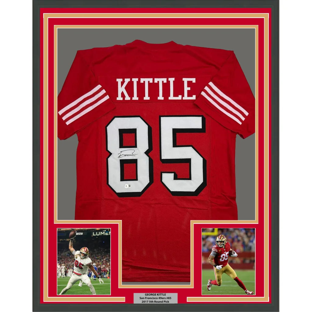 Framed Autographed George Kittle 35x39 San Francisco Red Alternate Football Jersey Beckett BAS COA | Hall of Fame Sports Memorabilia | vintageantiquesgifts.com