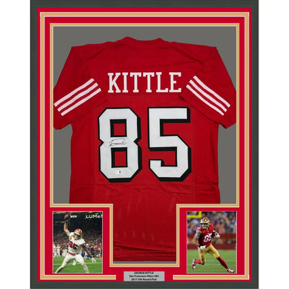 Framed Autographed George Kittle 35x39 San Francisco Red Alternate Football Jersey Beckett BAS COA | Hall of Fame Sports Memorabilia | vintageantiquesgifts.com