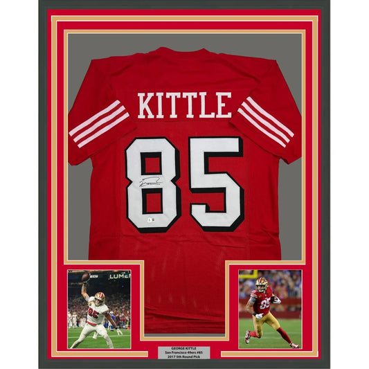 Framed Autographed George Kittle 35x39 San Francisco Red Alternate Football Jersey Beckett BAS COA | Hall of Fame Sports Memorabilia | vintageantiquesgifts.com