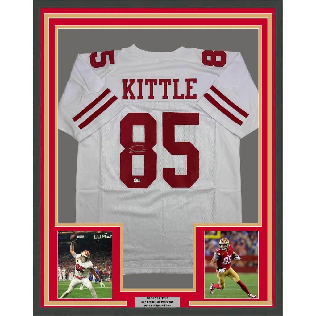 Framed Autographed George Kittle 35x39 San Francisco White Football Jersey Beckett BAS COA | Hall of Fame Sports Memorabilia | vintageantiquesgifts.com