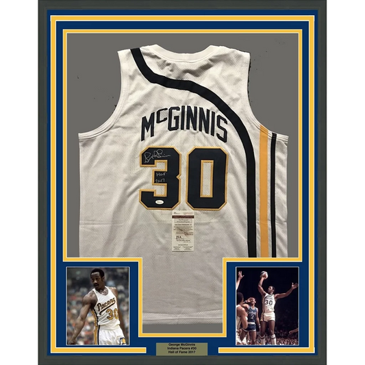 Framed George McGinnis signed Indiana Pacers Hall of Fame jersey with photos