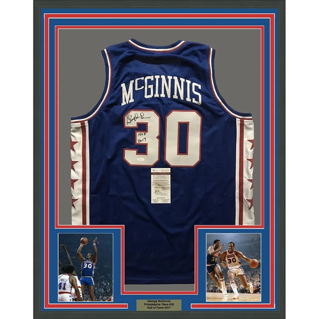 Framed Autographed George McGinnis HOF 2017 35x39 Philadelphia Blue Basketball Jersey JSA COA | Hall of Fame Sports Memorabilia | vintageantiquesgifts.com