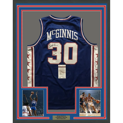 Framed Autographed George McGinnis HOF 2017 35x39 Philadelphia Blue Basketball Jersey JSA COA | Hall of Fame Sports Memorabilia | vintageantiquesgifts.com
