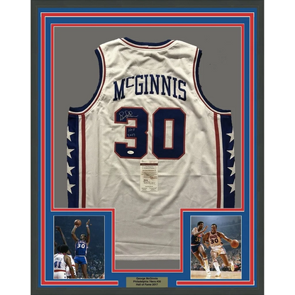 Framed signed George McGinnis 76ers white jersey McGinnis 30 JSA COA