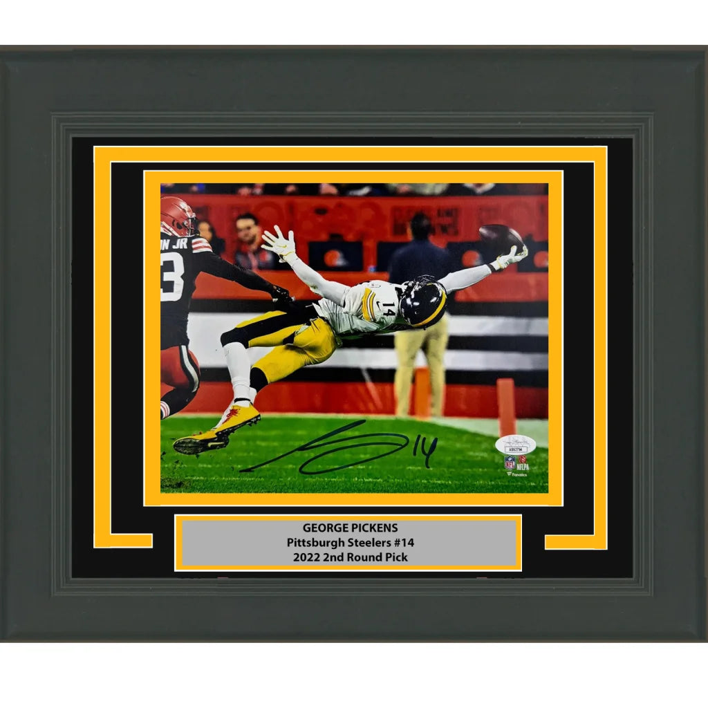 Framed signed George Pickens Pittsburgh Steelers 16x20 photo in black gold frame