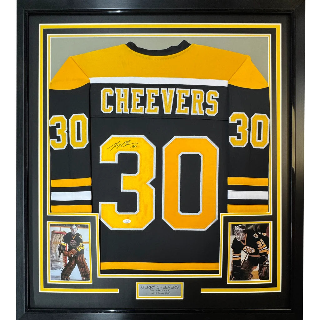 Framed Autographed Gerry Cheevers 35x39 Boston Black Hockey Jersey JSA COA | Hall of Fame Sports Memorabilia | vintageantiquesgifts.com