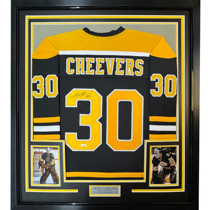 Framed Autographed Gerry Cheevers 35x39 Boston Black Hockey Jersey JSA COA | Hall of Fame Sports Memorabilia | vintageantiquesgifts.com