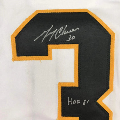 Black and gold embroidered 30 patch with signature and HOF 87 on Gerry Cheevers framed jersey