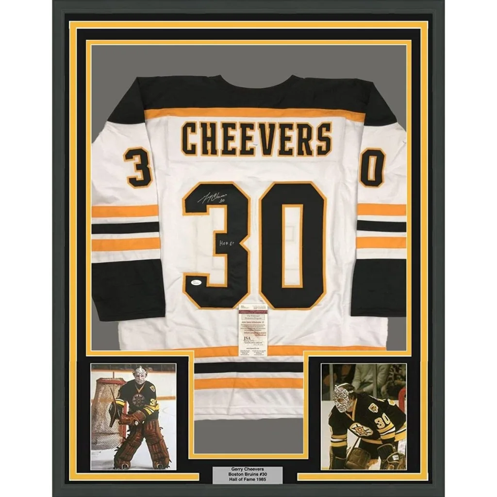 Framed autographed Gerry Cheevers HOF Boston Bruins jersey back, number 30