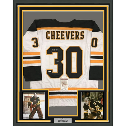 Framed autographed Gerry Cheevers HOF Boston Bruins jersey back, number 30