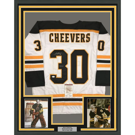 Framed autographed Gerry Cheevers HOF Boston Bruins jersey back, number 30
