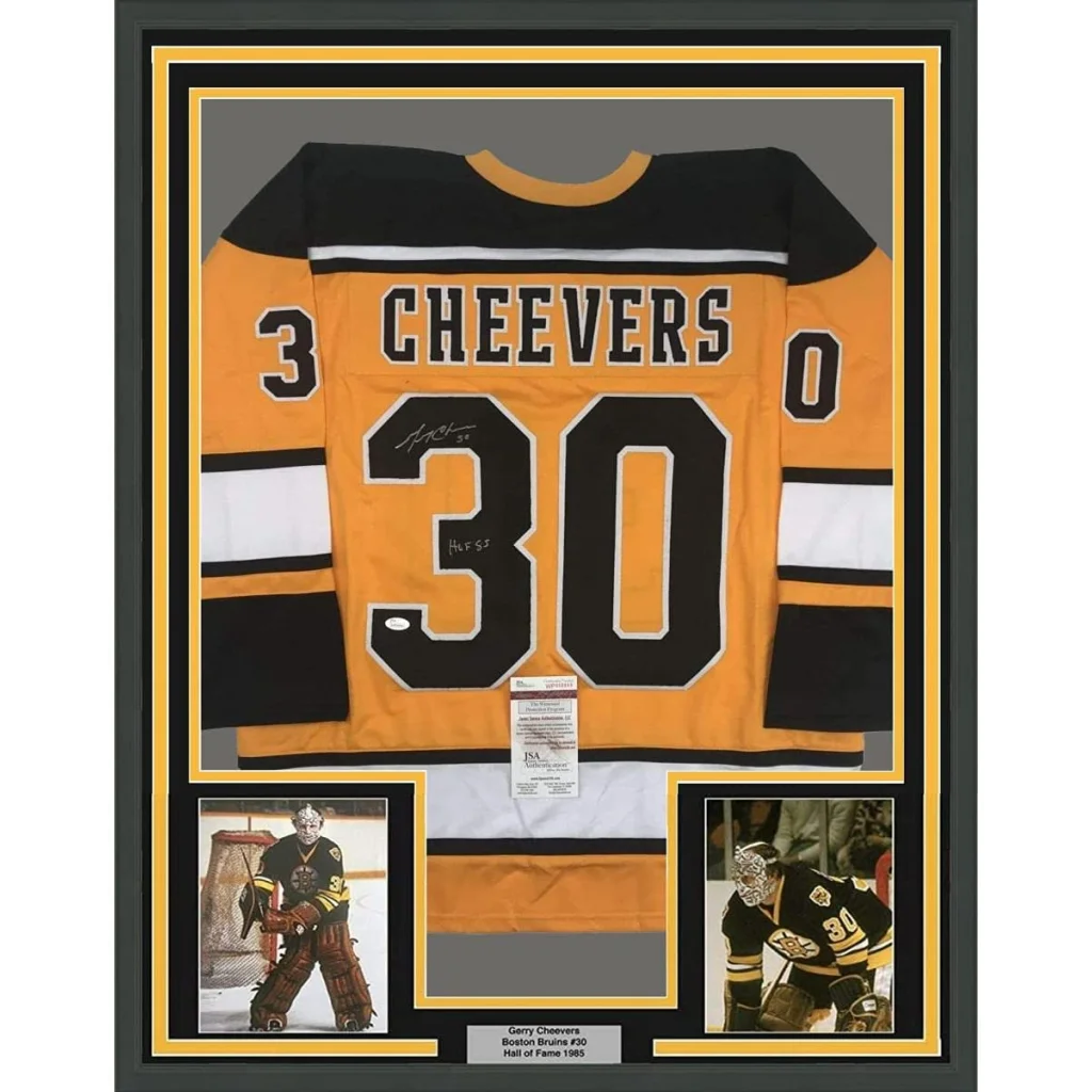Framed Autographed Gerry Cheevers HOF 85 35x39 Boston Yellow Hockey Jersey JSA COA | Hall of Fame Sports Memorabilia | vintageantiquesgifts.com