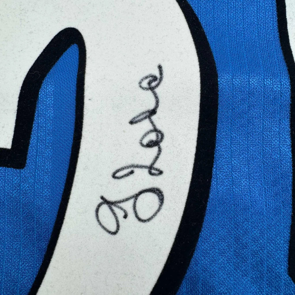 Framed autographed Gianfranco Zola Chelsea FC blue jersey with glove graphic tee, Beckett BAS COA
