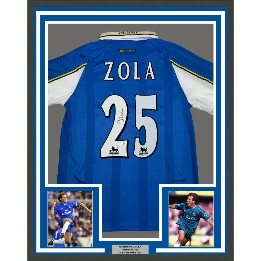 Framed signed Gianfranco Zola Chelsea FC blue jersey with number 25