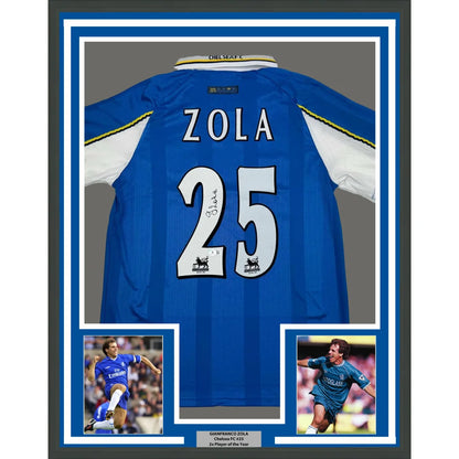 Framed signed Gianfranco Zola Chelsea FC blue jersey with number 25