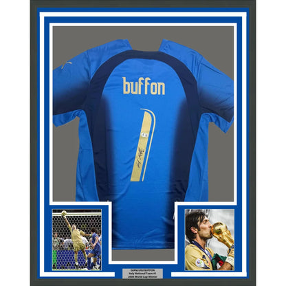Framed autographed Gianluigi Buffon Italy blue jersey back with Buffon name