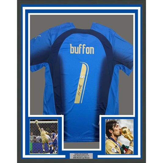 Framed Autographed Gianluigi Buffon 35x39 Italy Blue Soccer Futbol Jersey Beckett BAS COA | Hall of Fame Sports Memorabilia | vintageantiquesgifts.com